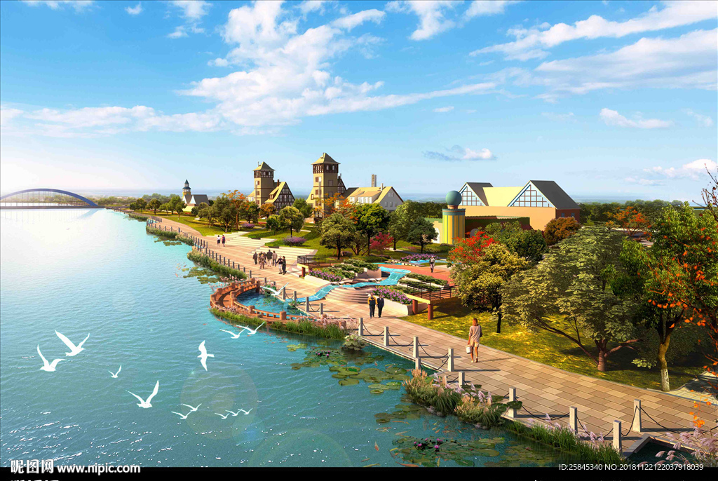 公园湖边湿地景观图