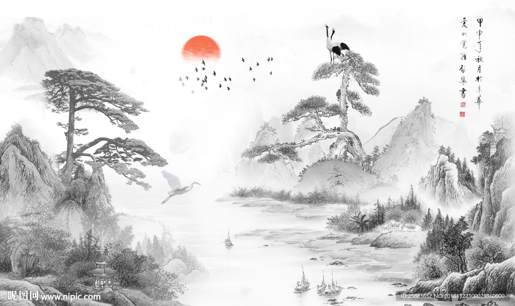 迎客松山水中式电视背景墙