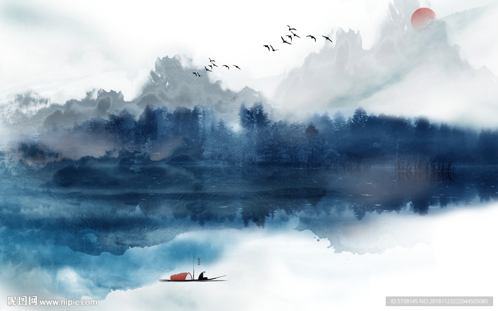 蓝色新中式山水风景玄关屏风背景