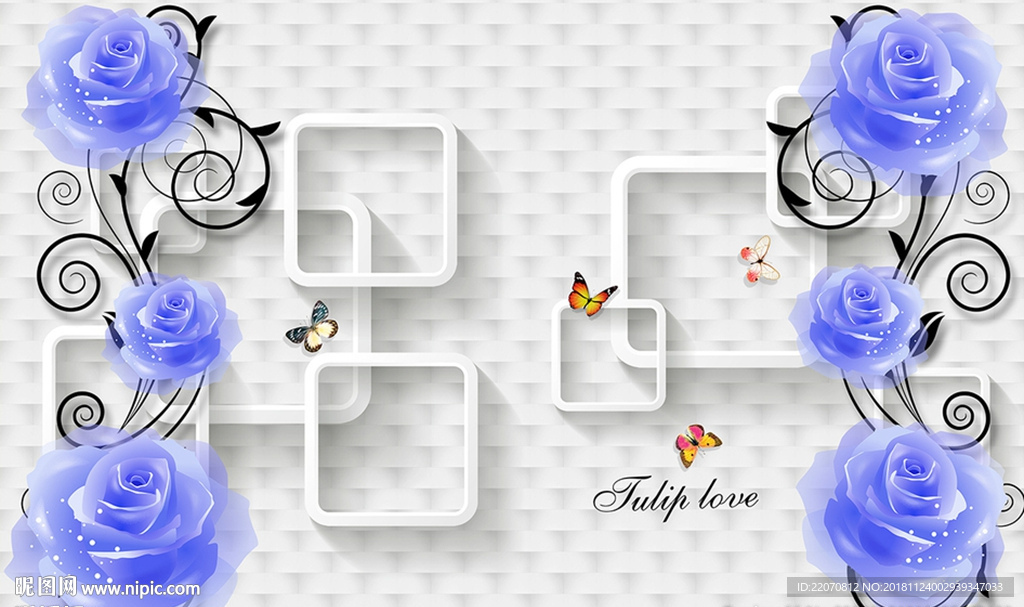 3D立体蓝色花朵背景墙