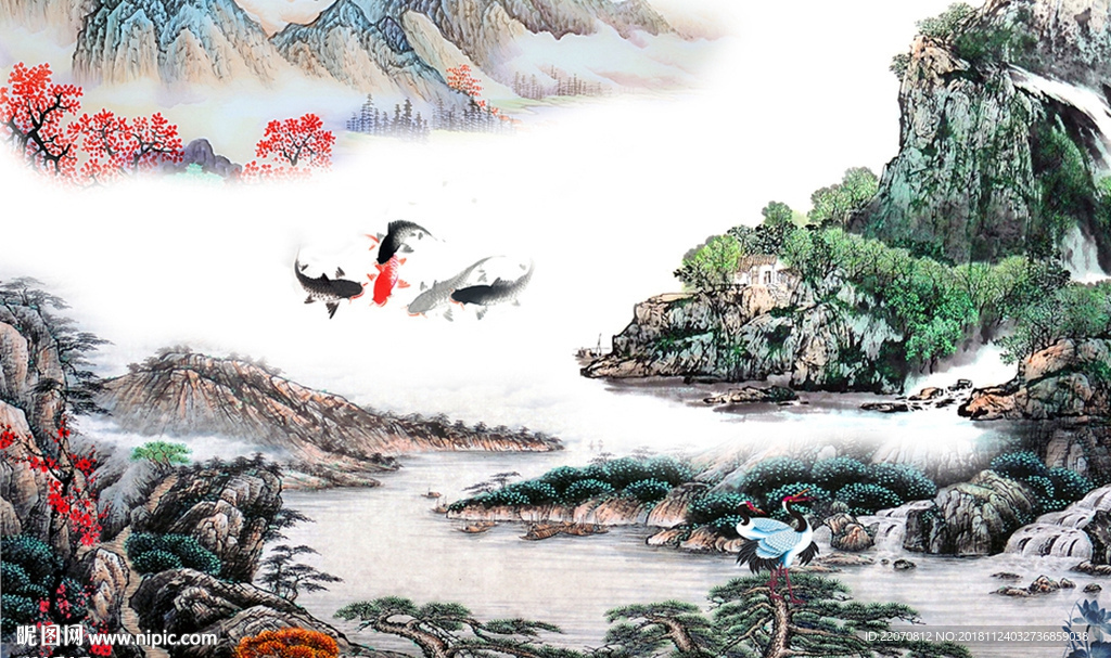 桃花鲤鱼山水白鹤背景墙