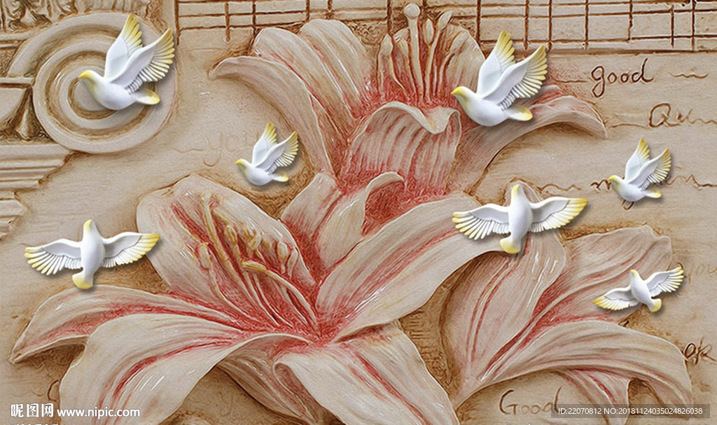 唯美浮雕玉兰花鸟儿背景墙