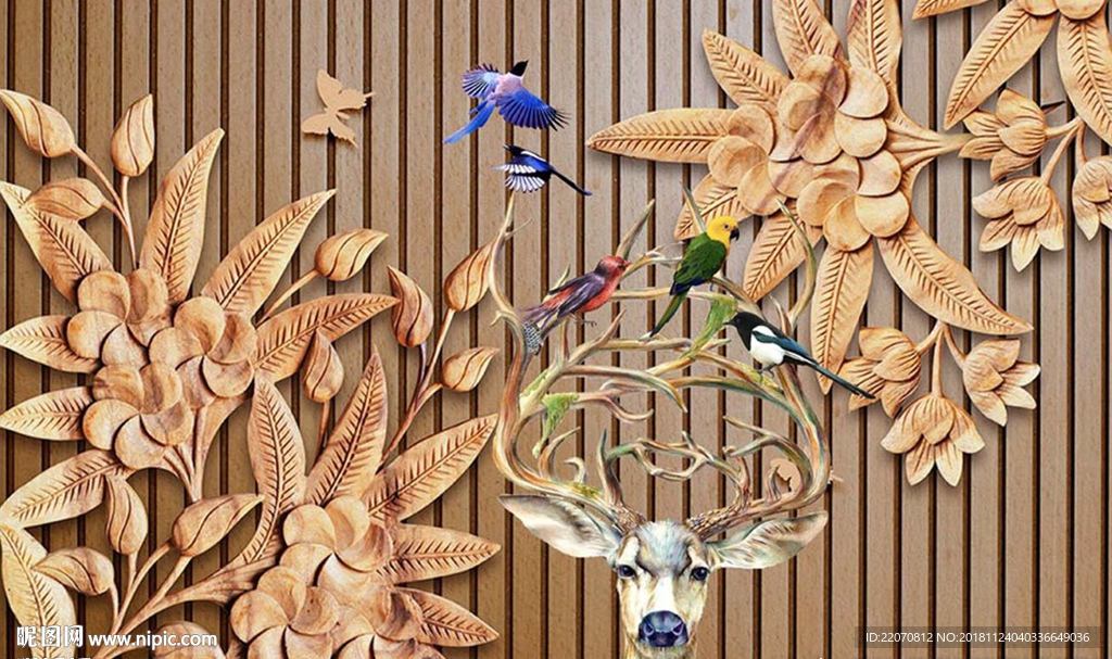 现代木雕花朵小鹿小鸟背景墙