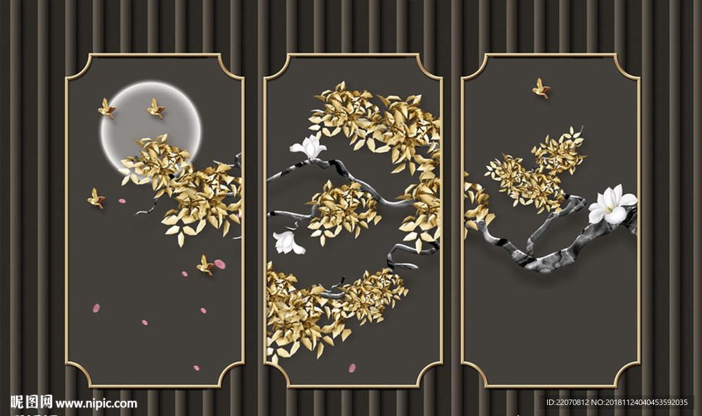 金色叶子花朵月亮背景墙
