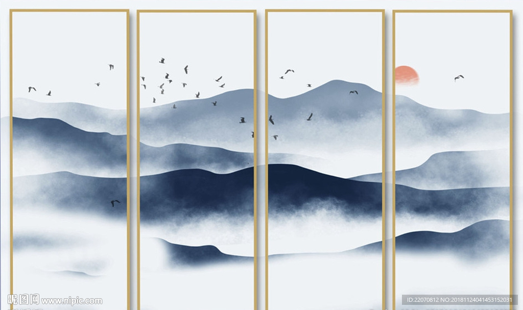 中式简约蓝色水墨山水飞鸟背景墙