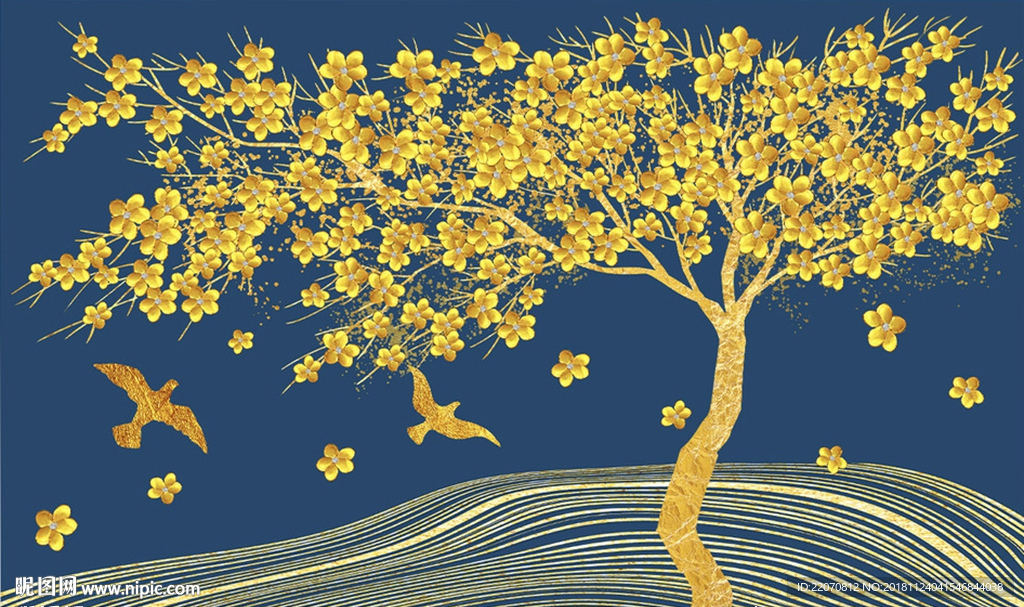 中式金色黄金发财树背景墙图片