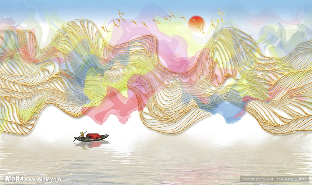 中式梦幻抽象线条山水画背景墙