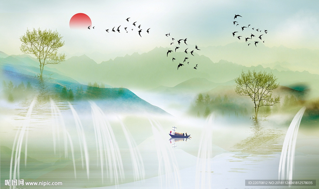 新中式山水树背景墙
