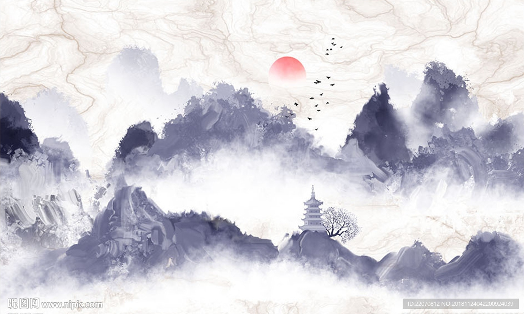 中式水墨国画抽象山水背景墙