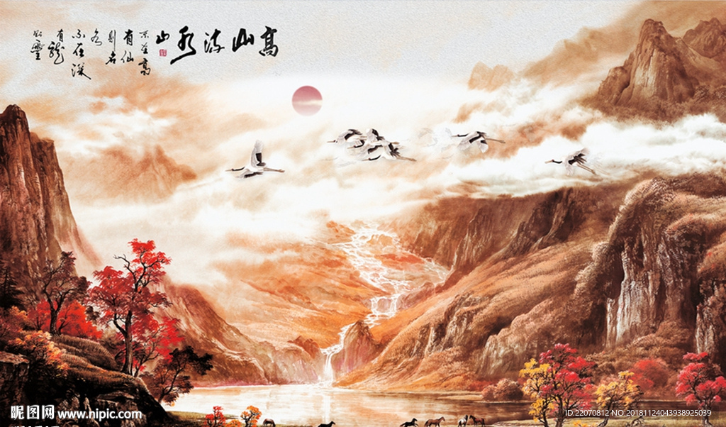 中式意境高山流水飞鹤背景墙