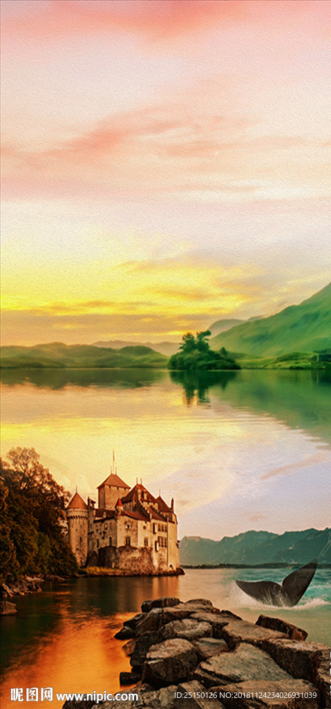 欧式城堡湖泊油画风景装饰画