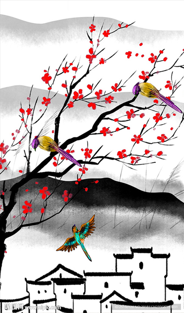 小鸟抽象树枝背景墙