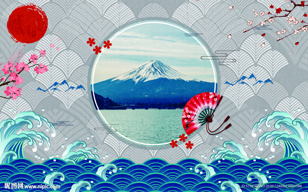 日式富士山玄关屏风背景底纹素材
