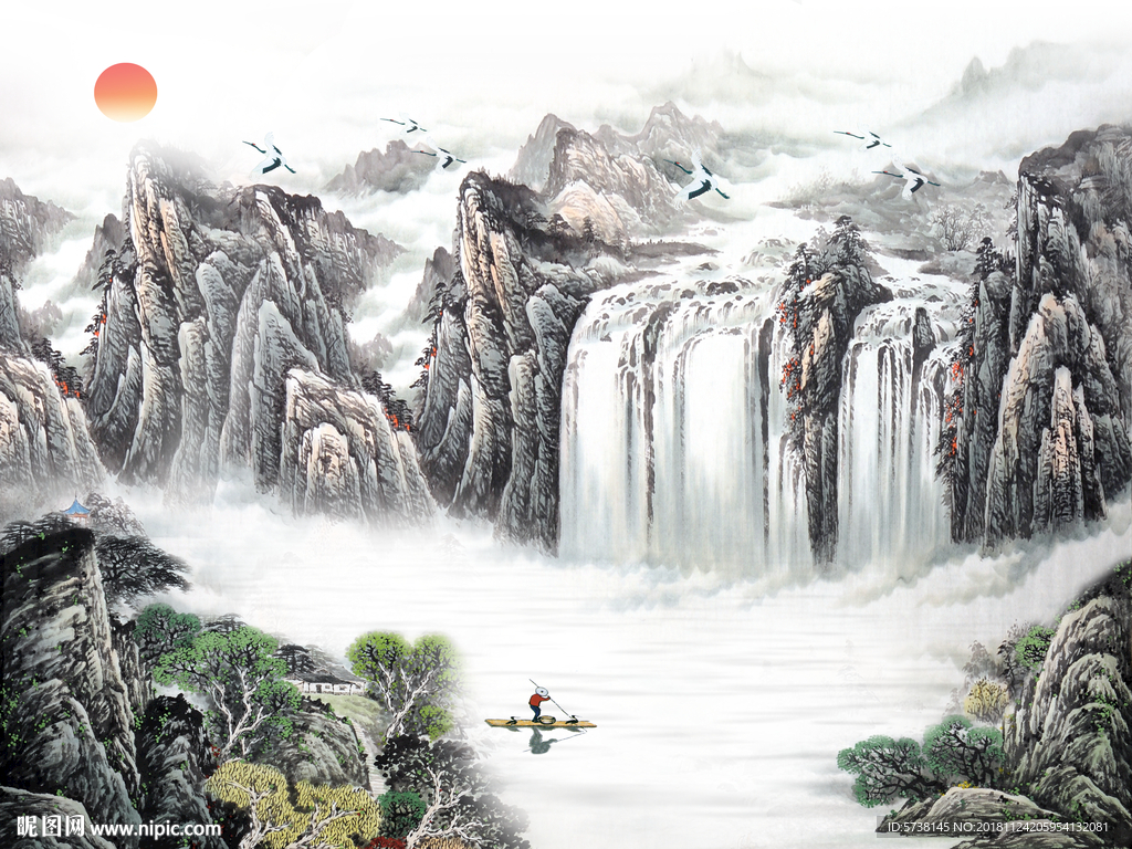 中式水墨画山水天下玄关屏风背景