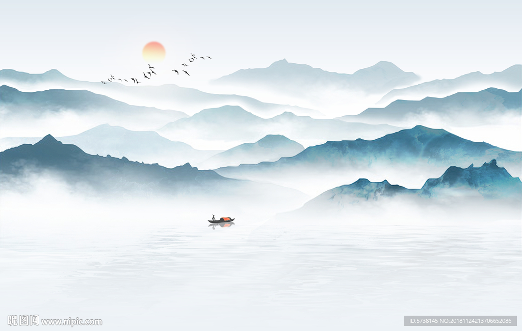 蓝色山水水墨新中式创意玄关屏风