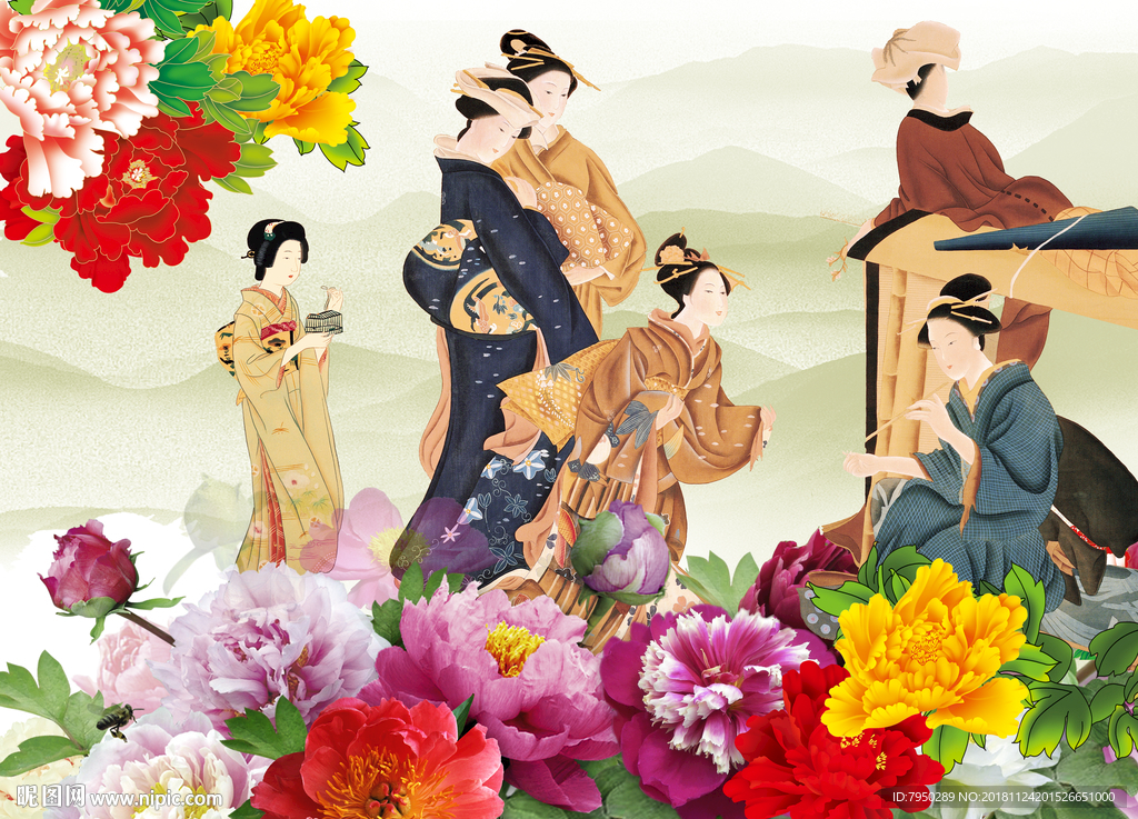 新中式古典仕女背景墙