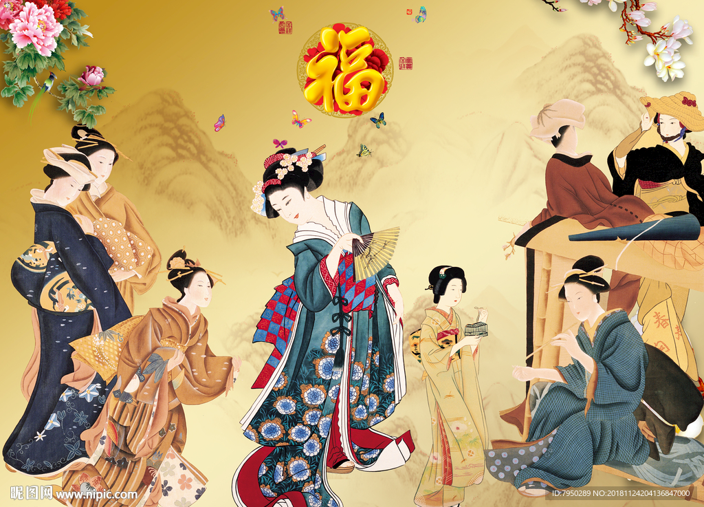 新中式古典仕女背景墙