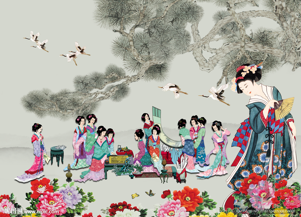 新中式古典仕女背景墙