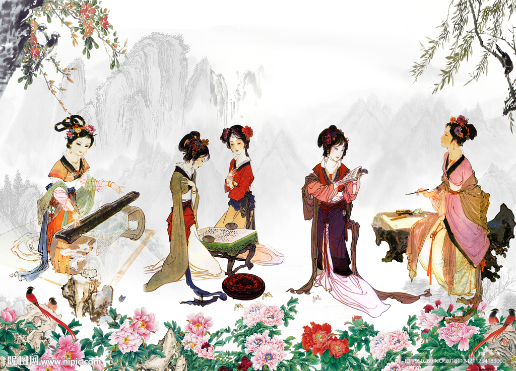 新中式古典仕女背景墙