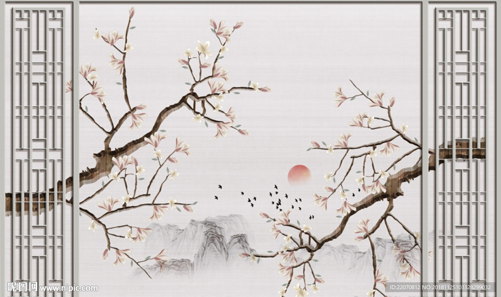 工笔花鸟古典背景墙