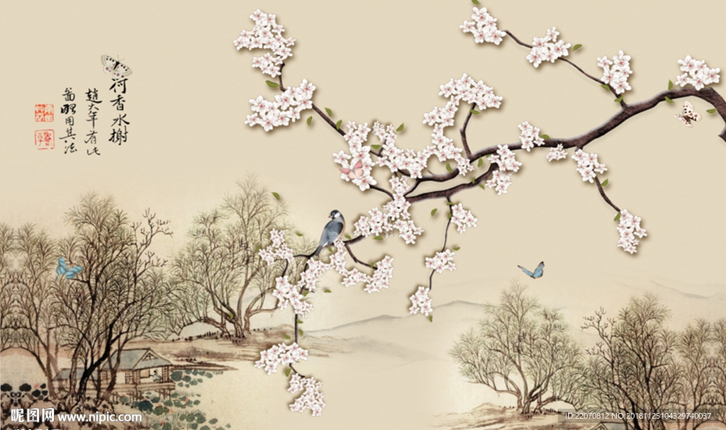 中式玉兰工笔花鸟古典背景墙