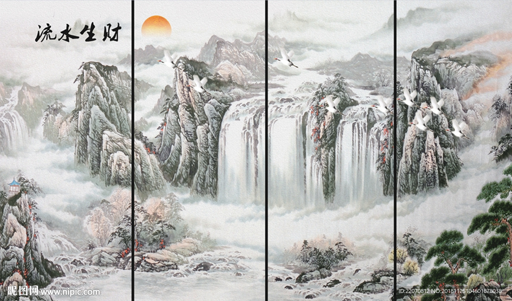 中式瀑布山水画飞鹤背景墙