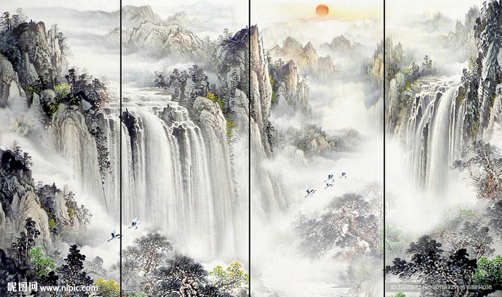 水墨高山流水背景墙