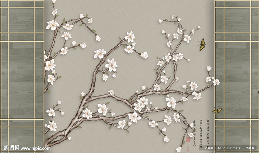 工笔花鸟背景墙