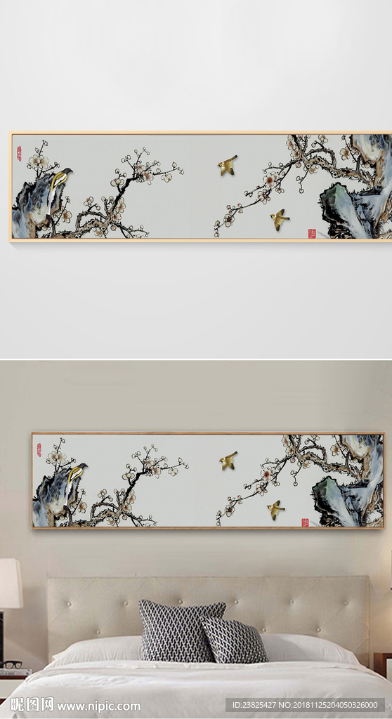 新中式手绘工笔花鸟时尚床头画