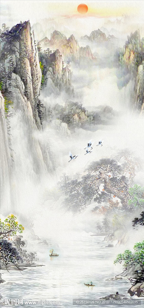中式手绘山水瀑布装饰画
