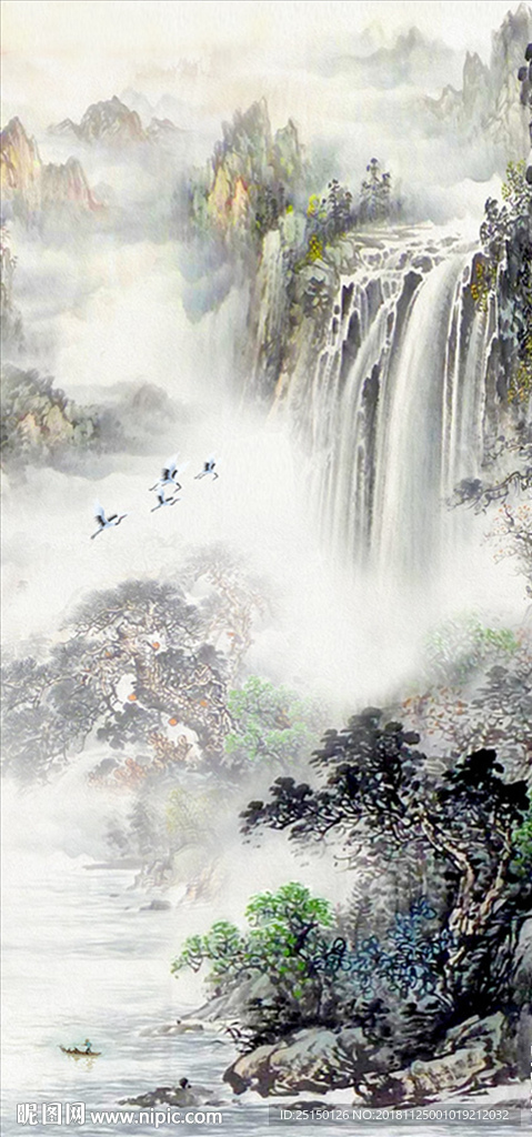 中式水墨山水瀑布装饰画