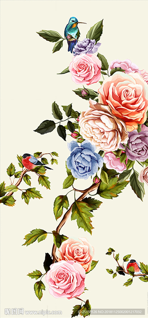 中式手绘玫瑰花鸟装饰画
