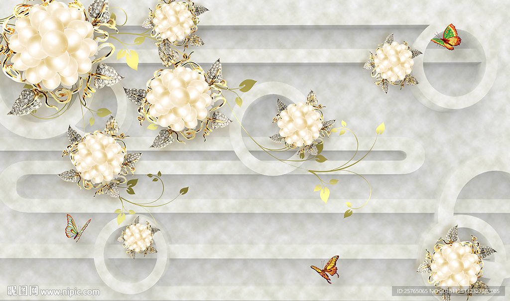 欧式珍珠花卉蝴蝶电视背景墙