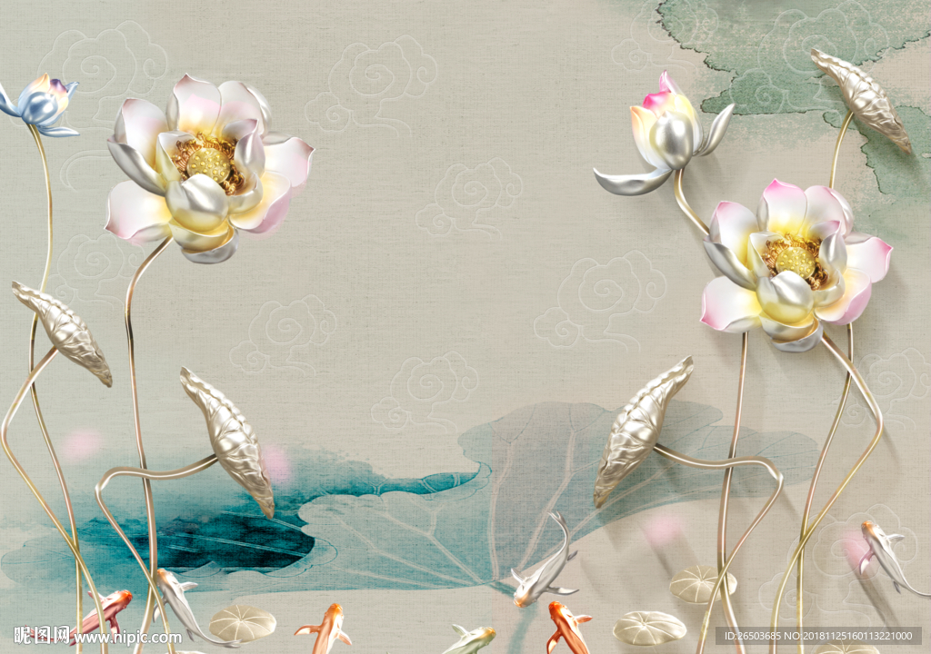 彩雕荷花九鱼图背景墙