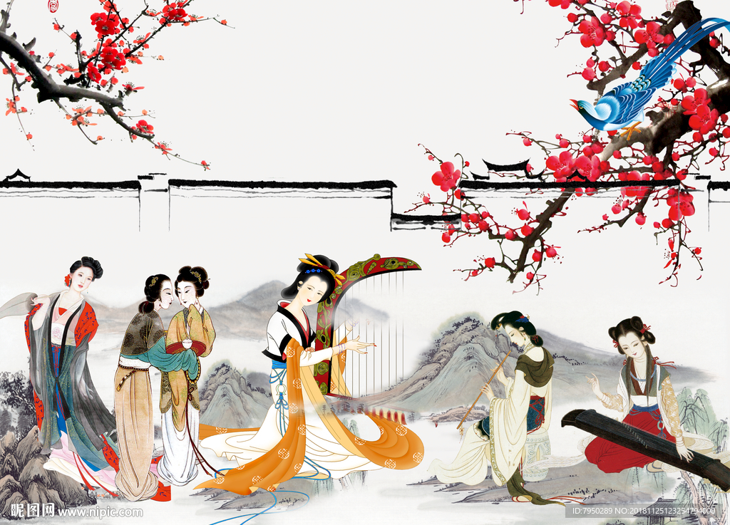 新中式古典仕女背景墙