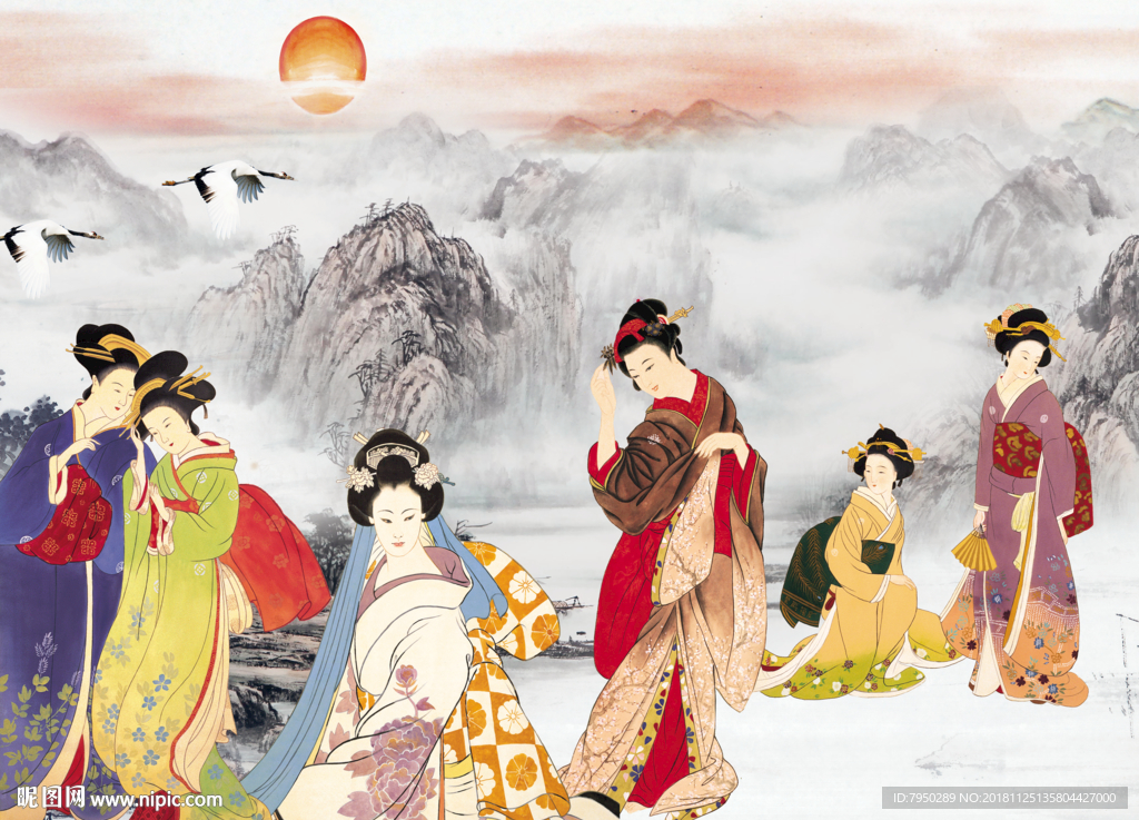 新中式古典仕女背景墙