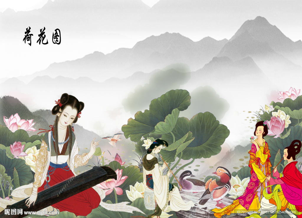 新中式古典仕女背景墙