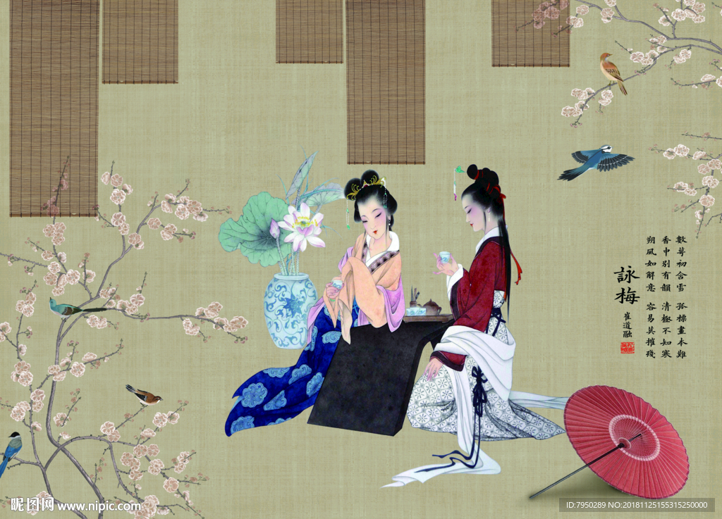 新中式古典仕女背景墙