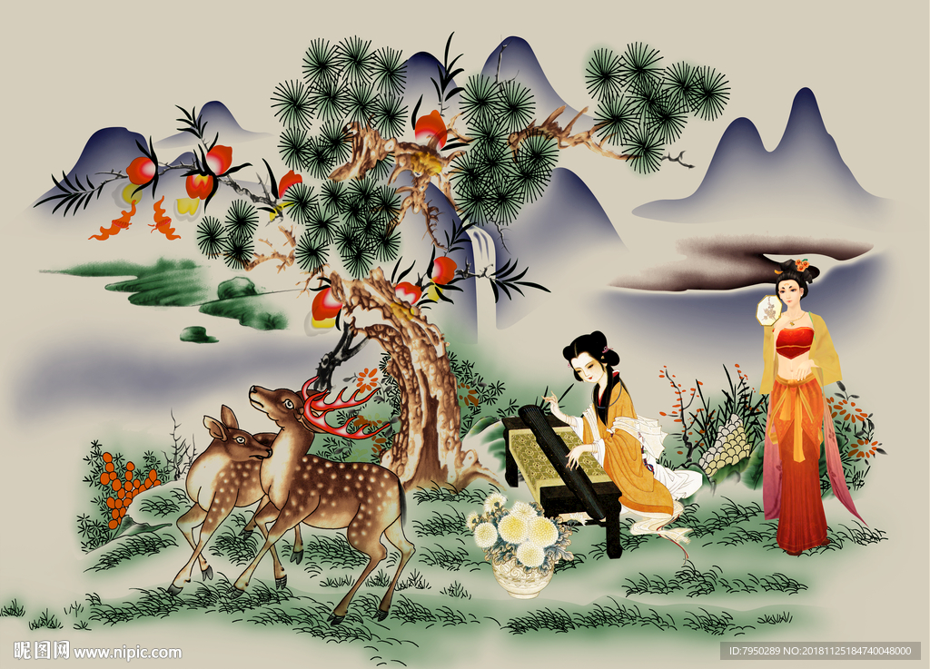 新中式古典仕女背景墙