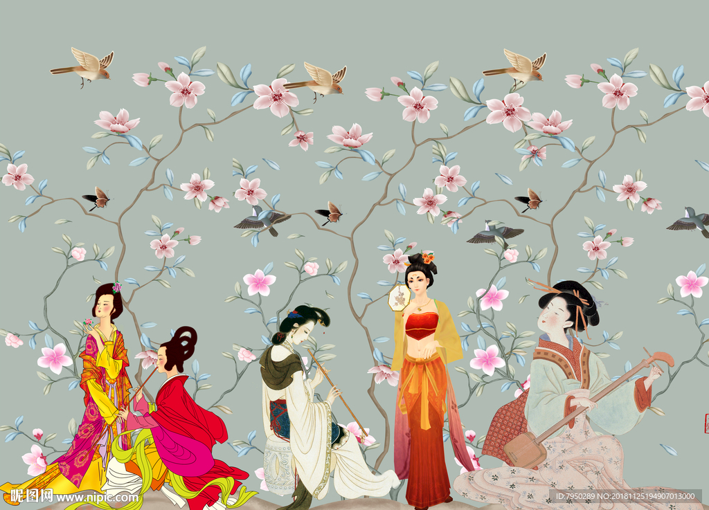 新中式古典仕女背景墙