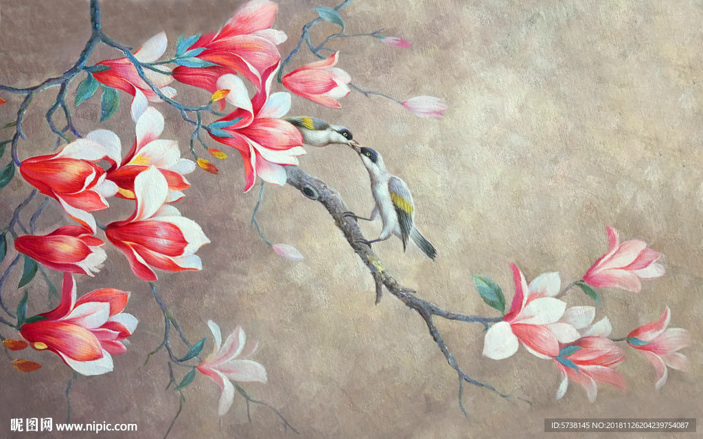 油画花鸟高雅艺术玄关屏风背景底