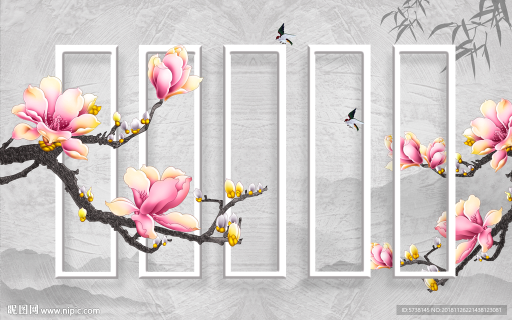 创意新中式山水梅花玄关屏风背景