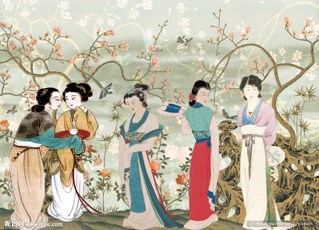 新中式古典仕女背景墙