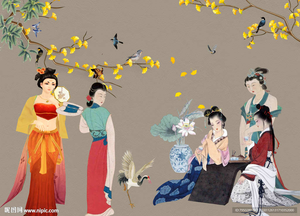 新中式古典仕女背景墙