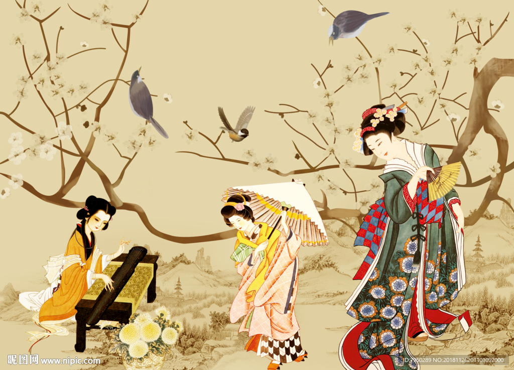 新中式古典仕女背景墙