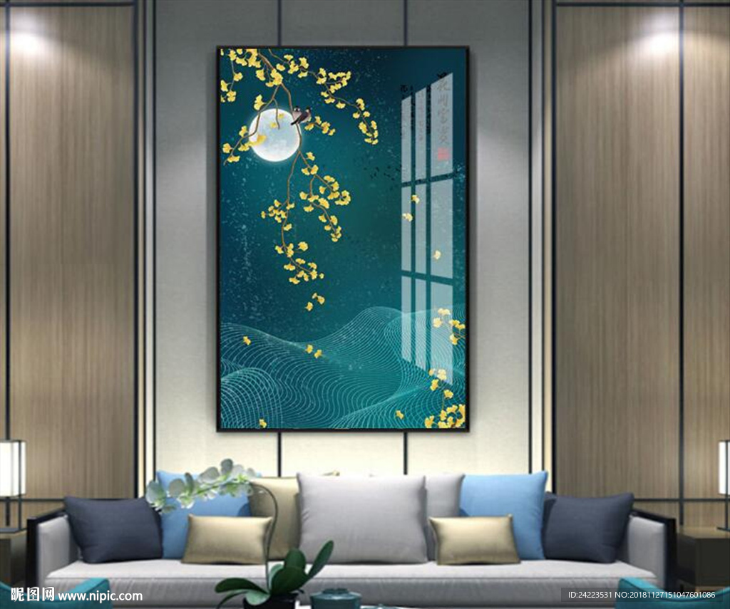 新中式银杏花开富贵金丝小鸟背景