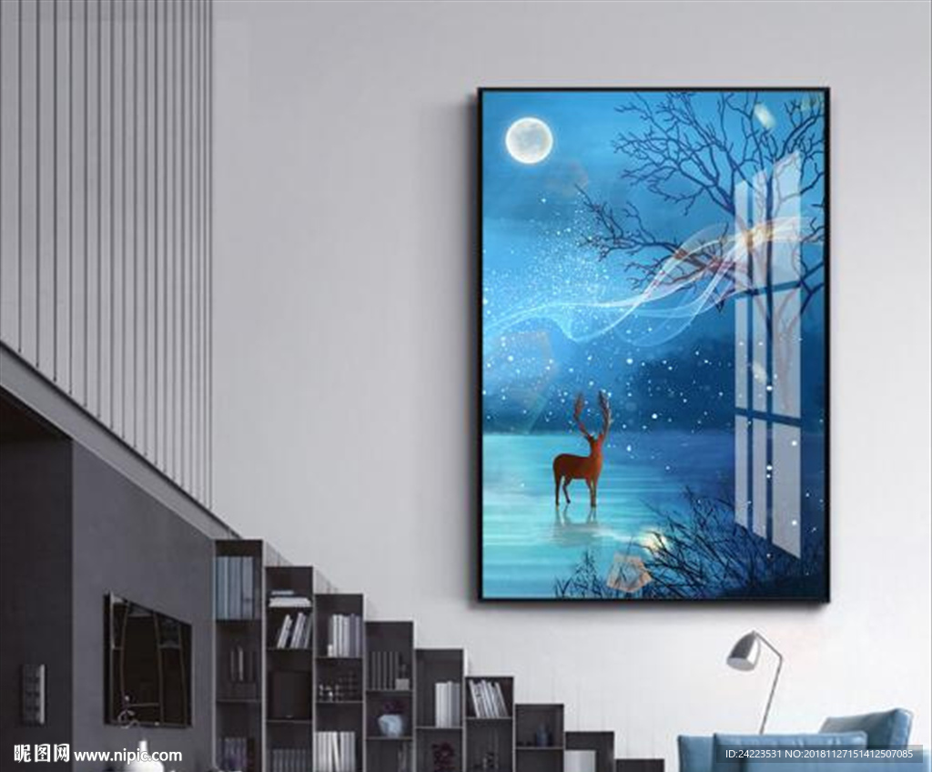 北欧梦幻森林风景月亮麋鹿晶瓷画