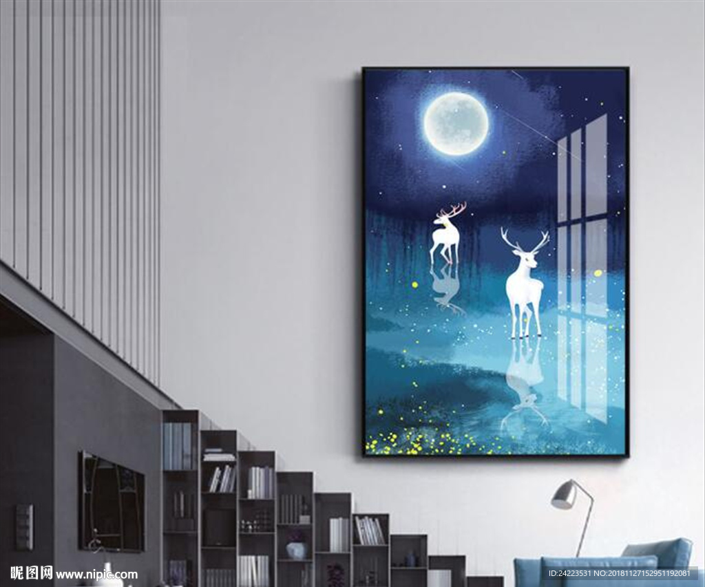 北欧梦幻森林麋鹿月亮客厅装饰画