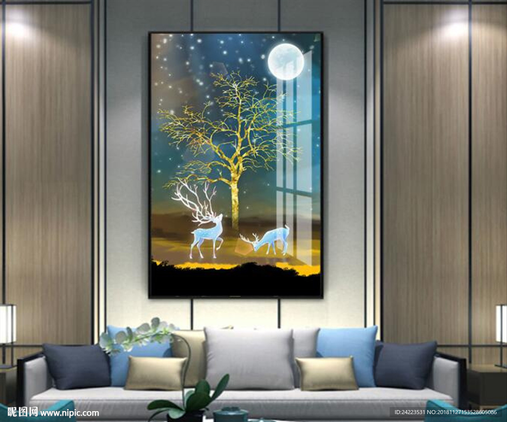 北欧发财树麋鹿月亮星空装饰画