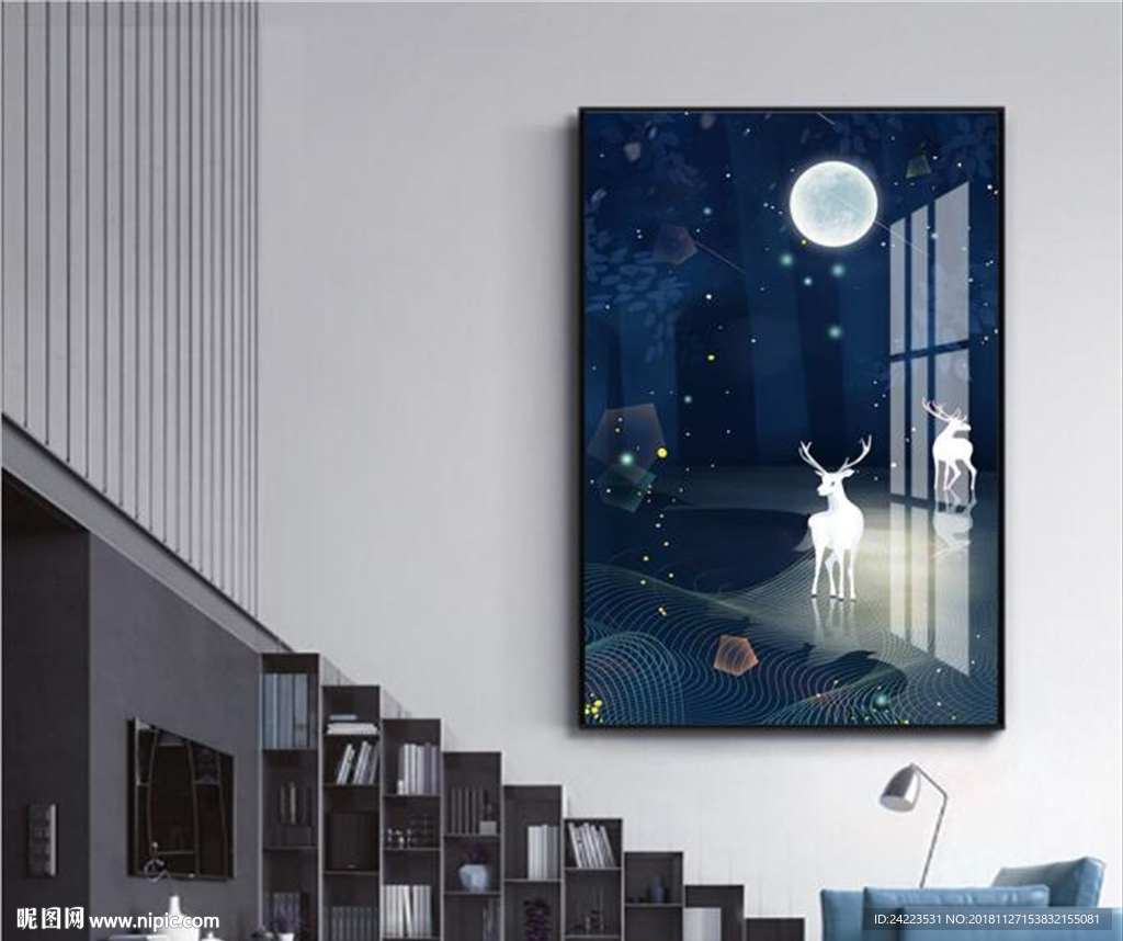 北欧梦幻森林麋鹿月亮客厅装饰画